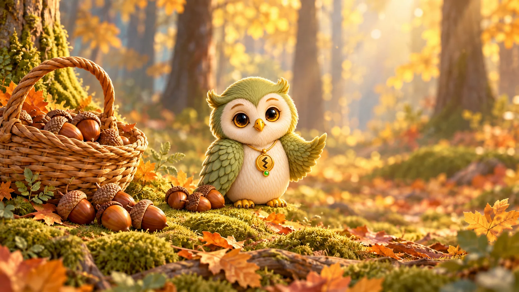 Ori the owl sits on moss in a sunlit autumn forest beside a wicker basket filled with acorns, with more acorns spilled onto the ground next to him.
