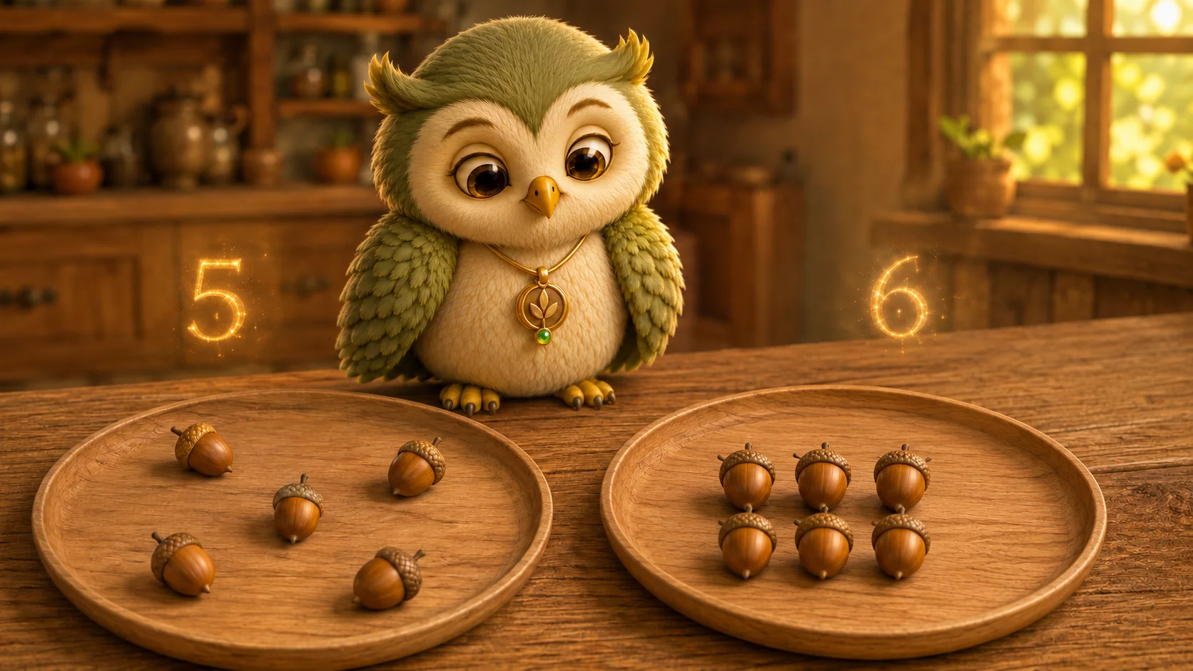 A small owl looks at two plates of acorns on a table, one with the acorns spread far apart and one with them packed close together.
