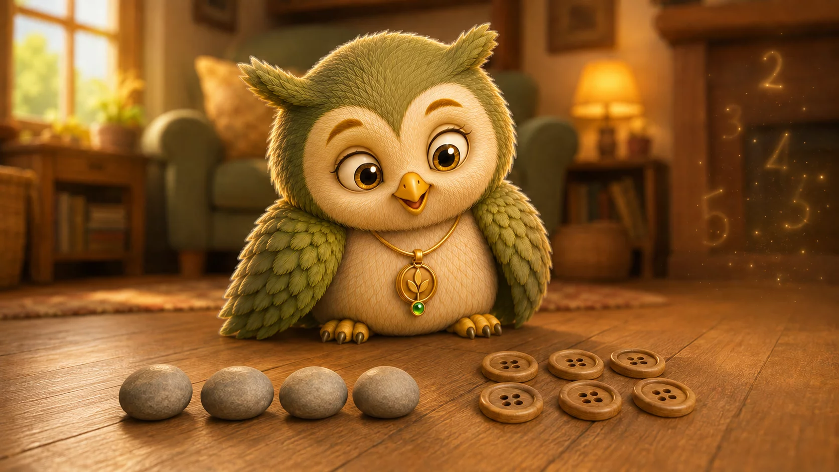 A small round owl with cream and green feathers sits on a wooden floor and looks at four large stones on one side and six small buttons on the other.
