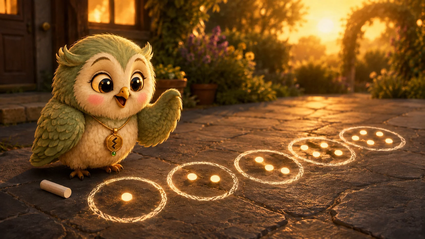 A small owl stands beside five glowing chalk circles on a stone patio, holding one and two and three and four and five dots in order.