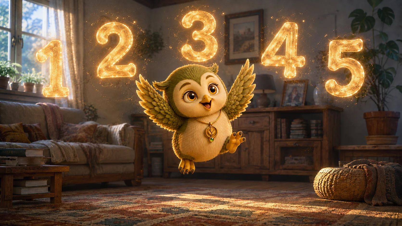 A small owl leaps through the air in a sunlit living room, surrounded by five glowing numerals.