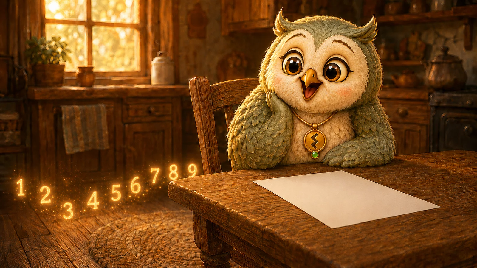 A small owl sits at a kitchen table beside an untouched worksheet, looking towards the floor.
