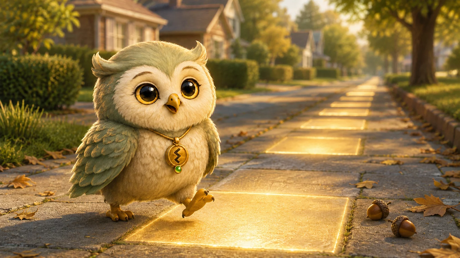 A small owl walks along a sidewalk where glowing numerals light up the paving squares ahead of him.
