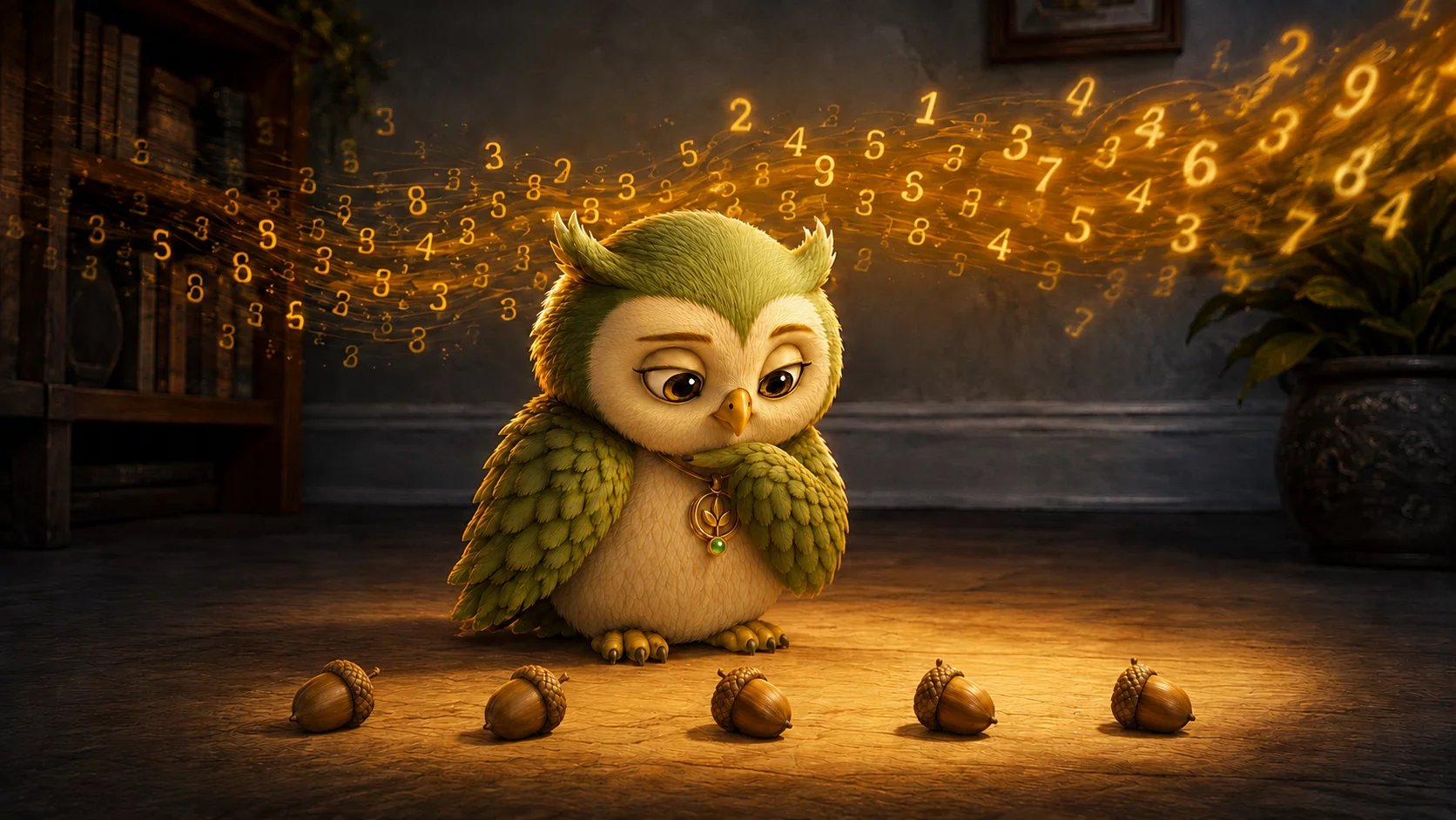 A small owl looks down at five acorns while a stream of glowing numerals rushes past above him.