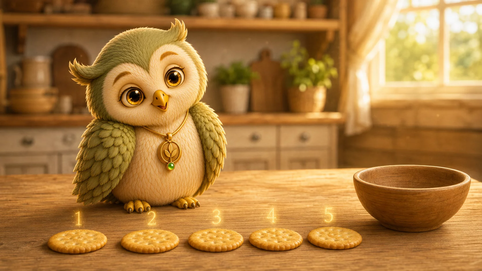 A small owl looks at five crackers lined up on a kitchen table next to an empty bowl.