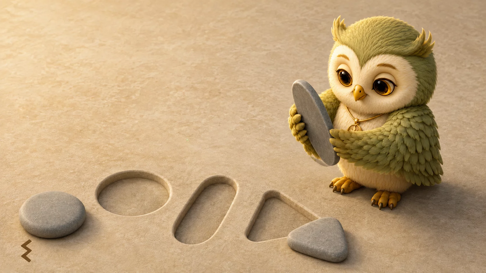 Ori the owl holds a flat pebble on its edge and lines it up with a matching hollow in the ground, with two other pebbles resting beside their own hollows.