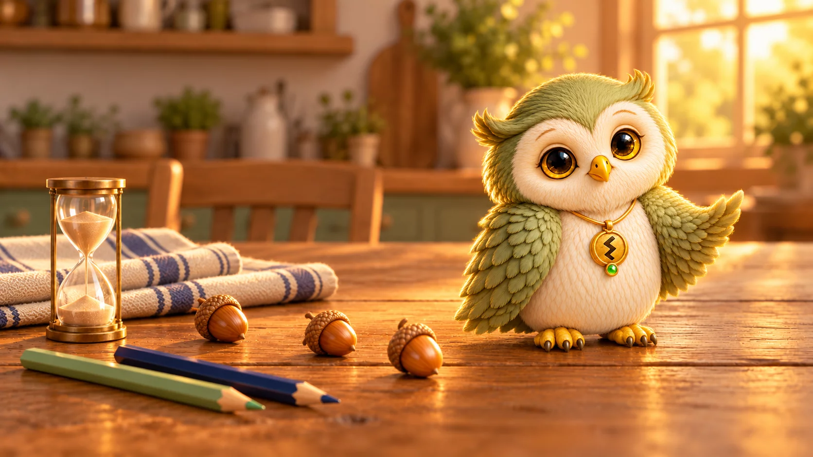 Ori the owl stands beside a wooden kitchen table where a small hourglass, a few acorns and two colored pencils are laid out in the late afternoon light.