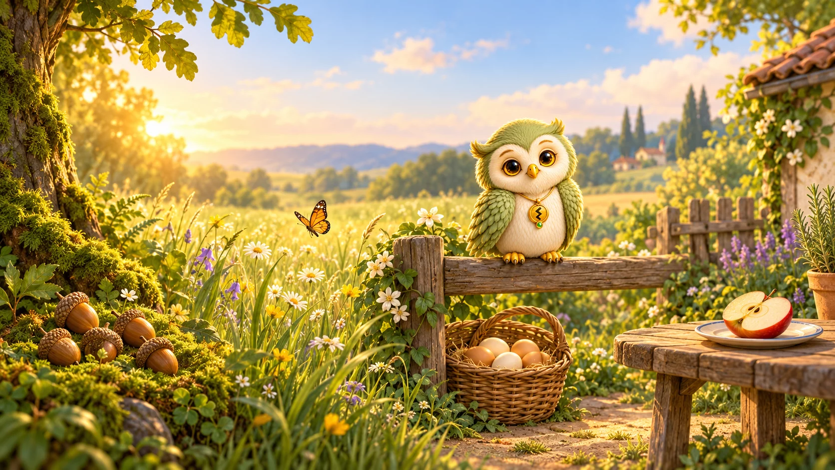 Ori the owl perches on a wooden fence rail between a flowering meadow and a garden table, with acorns on the moss to his left, a basket of eggs below him and a halved apple on a plate to his right.