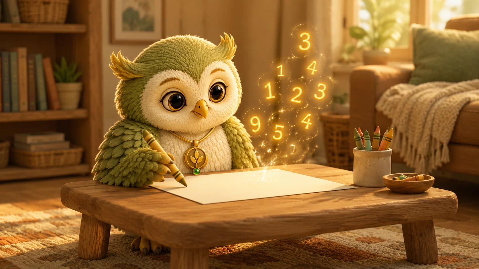 A small owl with a gold medallion sits at a low table with a crayon, glowing golden numerals floating above the paper.