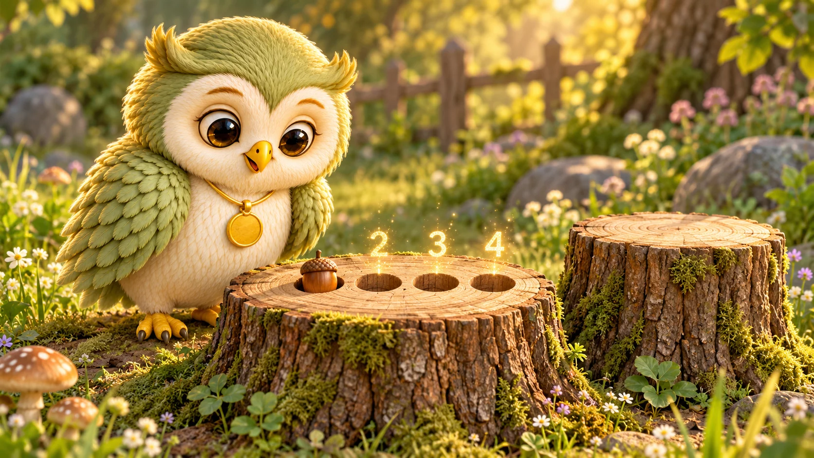 Ori the owl peering into a tree stump with round holes on top, one acorn already placed, a second stump beside it.