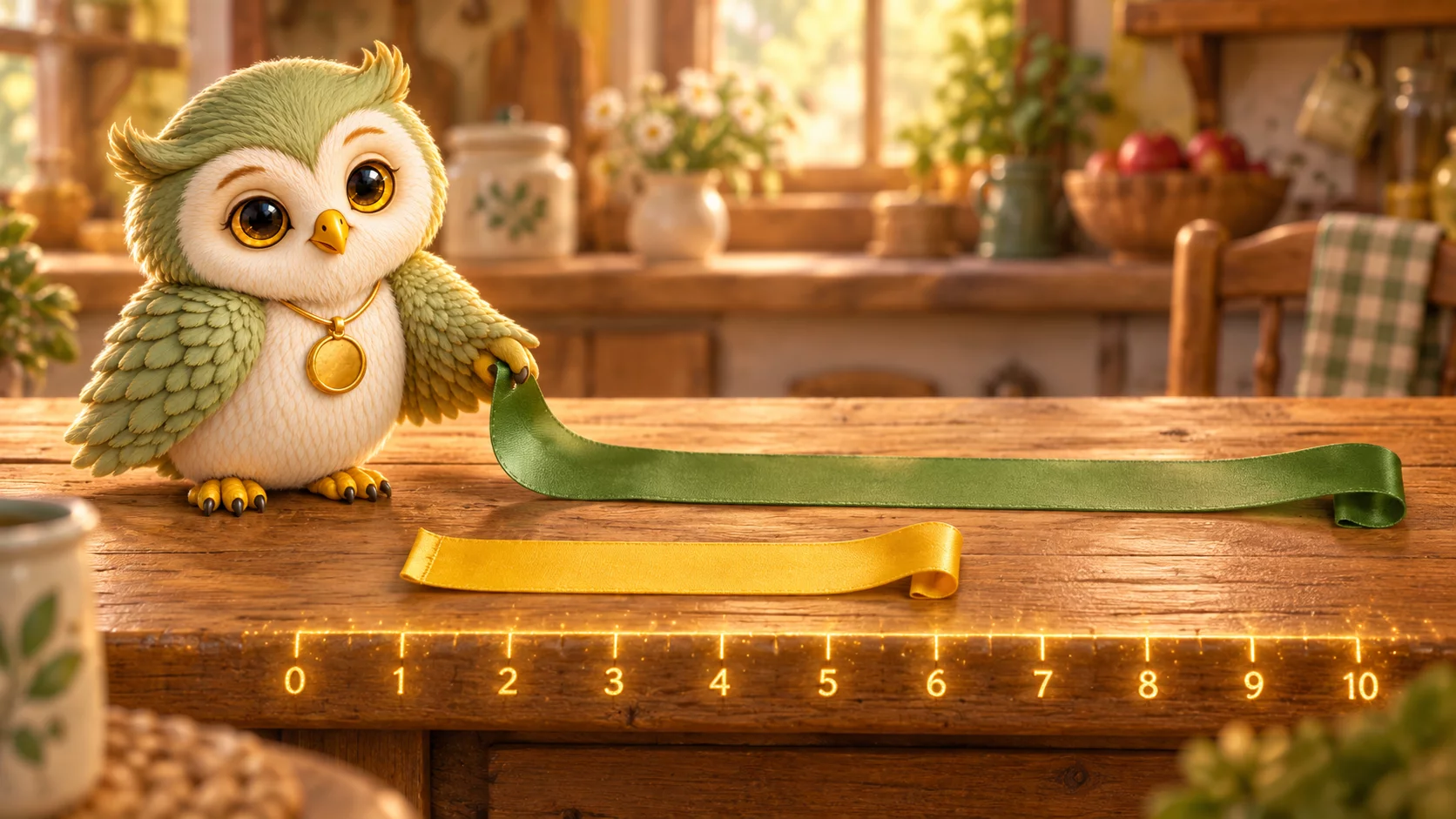 Ori the owl holding one end of a long green ribbon across a kitchen table, with a shorter yellow ribbon beside it.