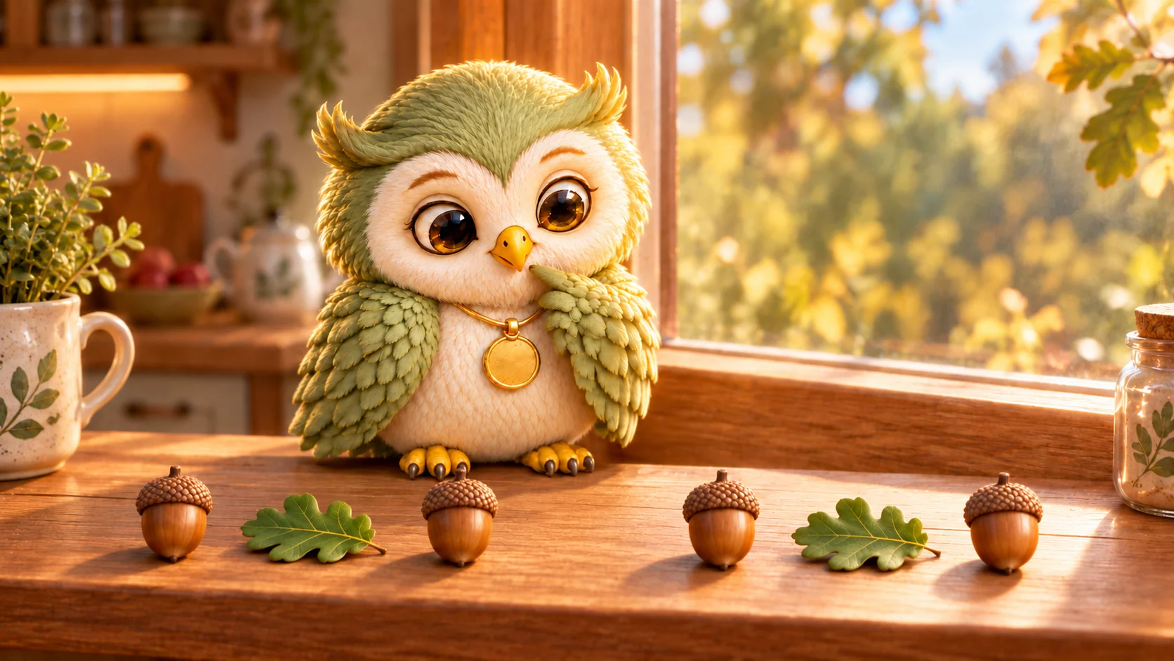 Ori the owl looking at a row of oak leaves on a windowsill with one empty space in the middle.