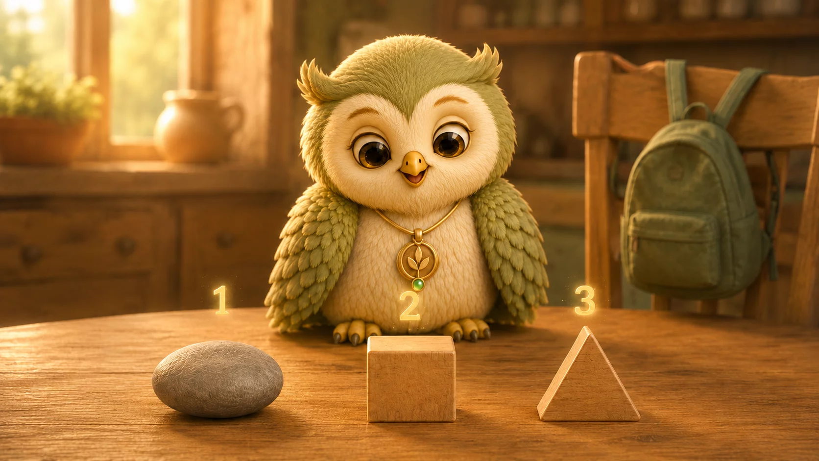 A small owl sits at a kitchen table with a round stone, a square block, and a triangular wooden tent shape lined up in front of it.