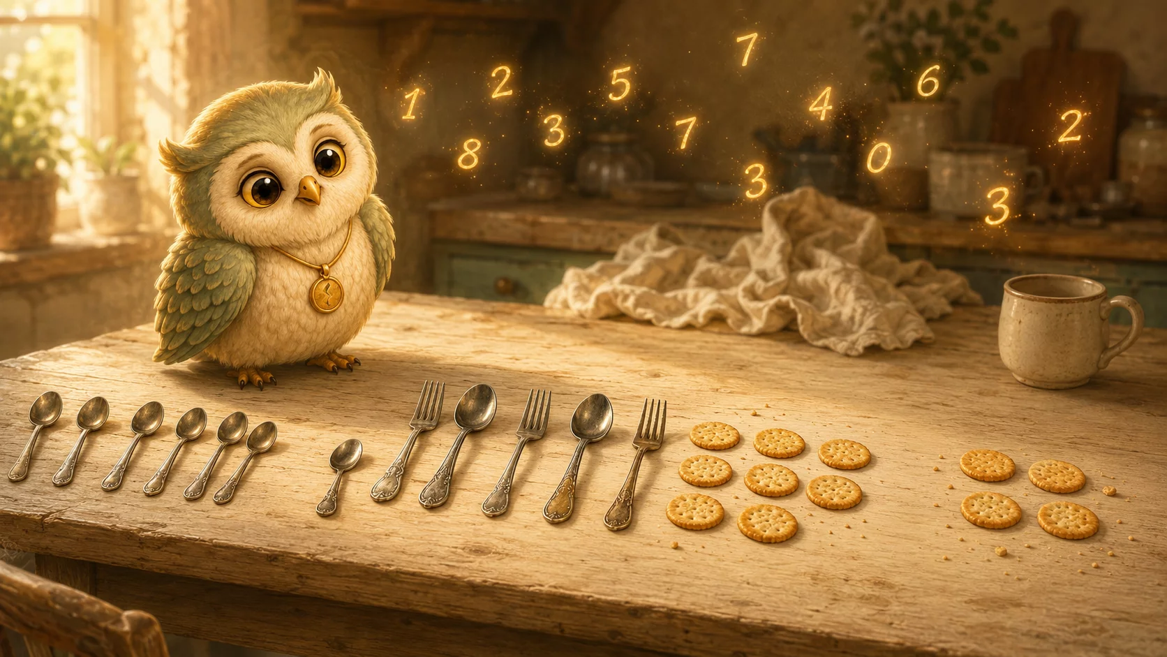 A small owl stands on a kitchen table looking along a row of spoons and crackers while glowing numerals drift above them.