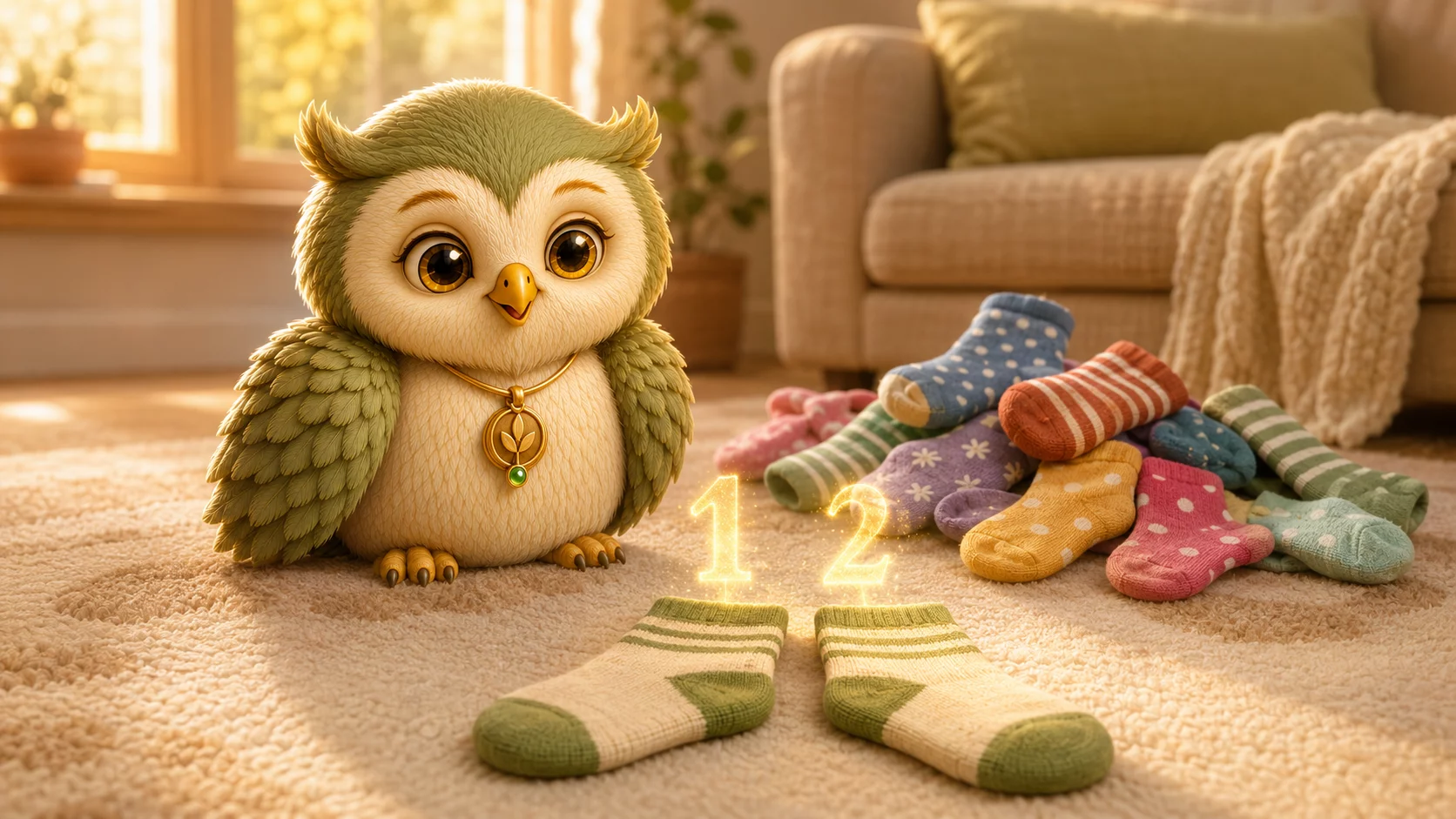 A small owl sits on a rug next to a pile of colorful socks, with two matching socks laid side by side in front of it.