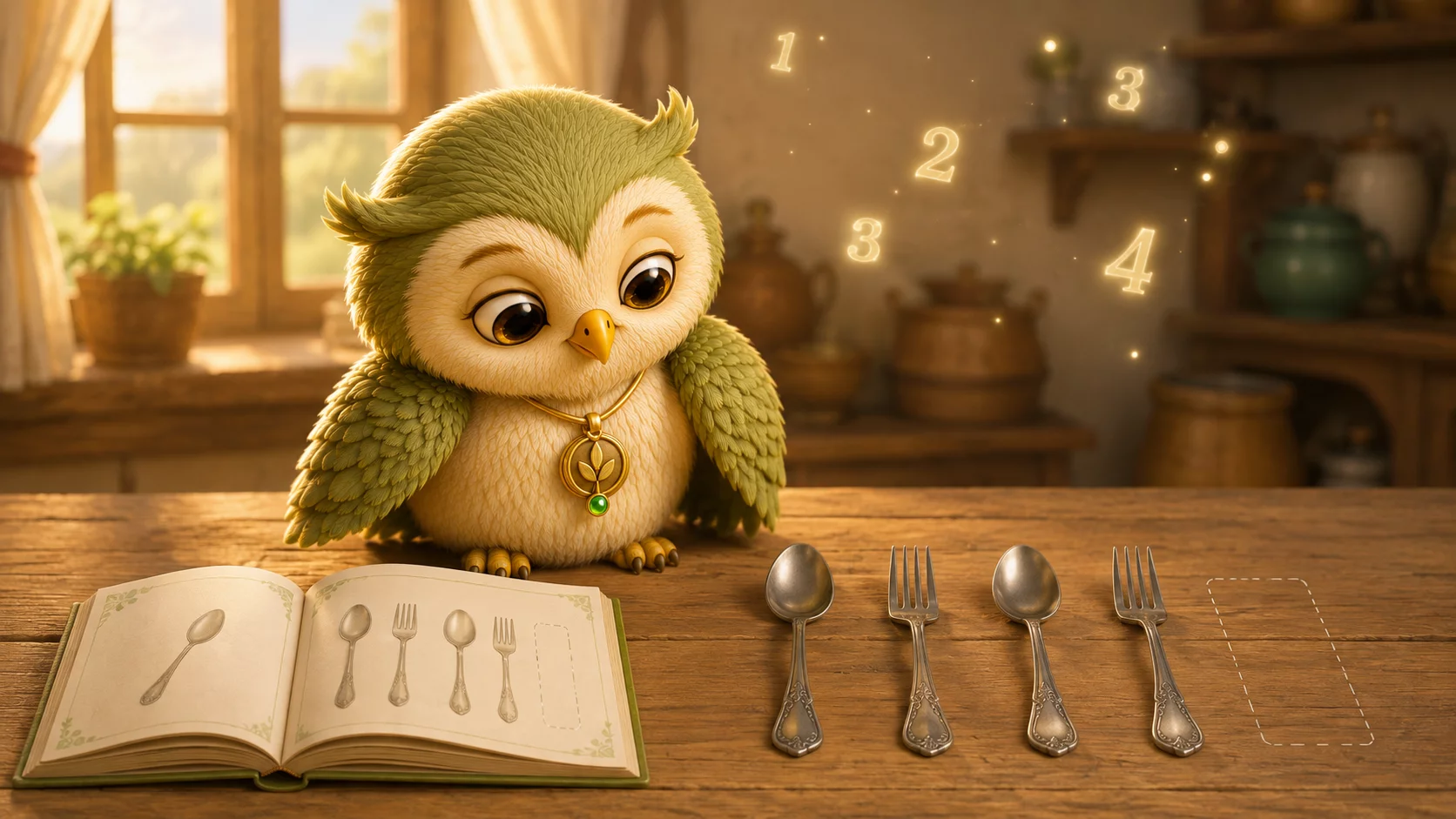 A small owl sits on a kitchen table between a picture book and a row of spoons and forks laid out in a repeating pattern.