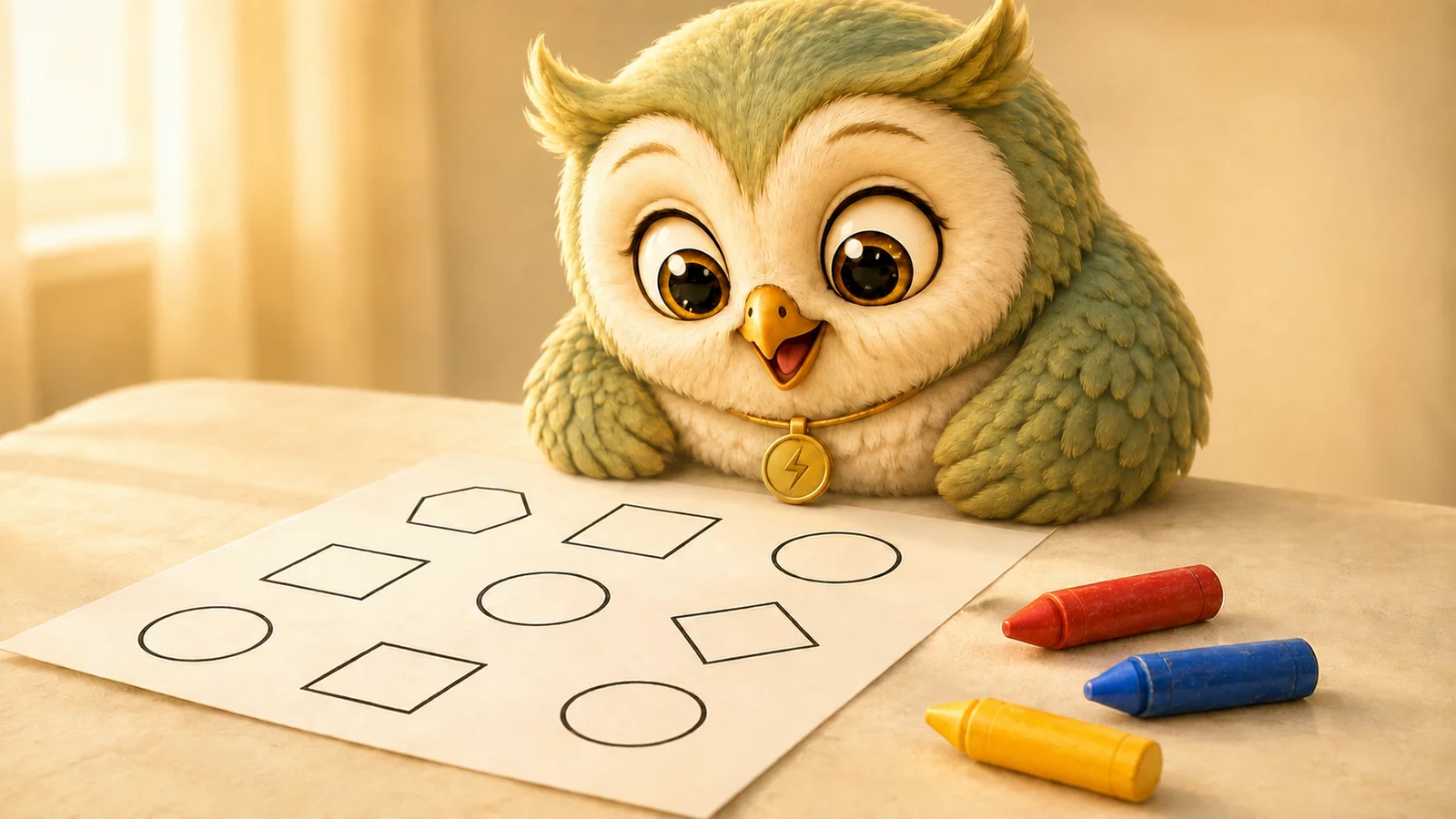 A small owl looks down at a printed page covered in thick black outlines and large dots, with three fat crayons beside it.