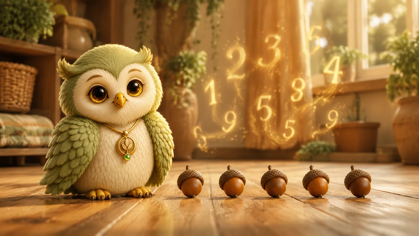 alt="Sapphire-and-cream owl Ori wearing a gold medallion stands beside a row of acorns and glowing numbers in a family home"