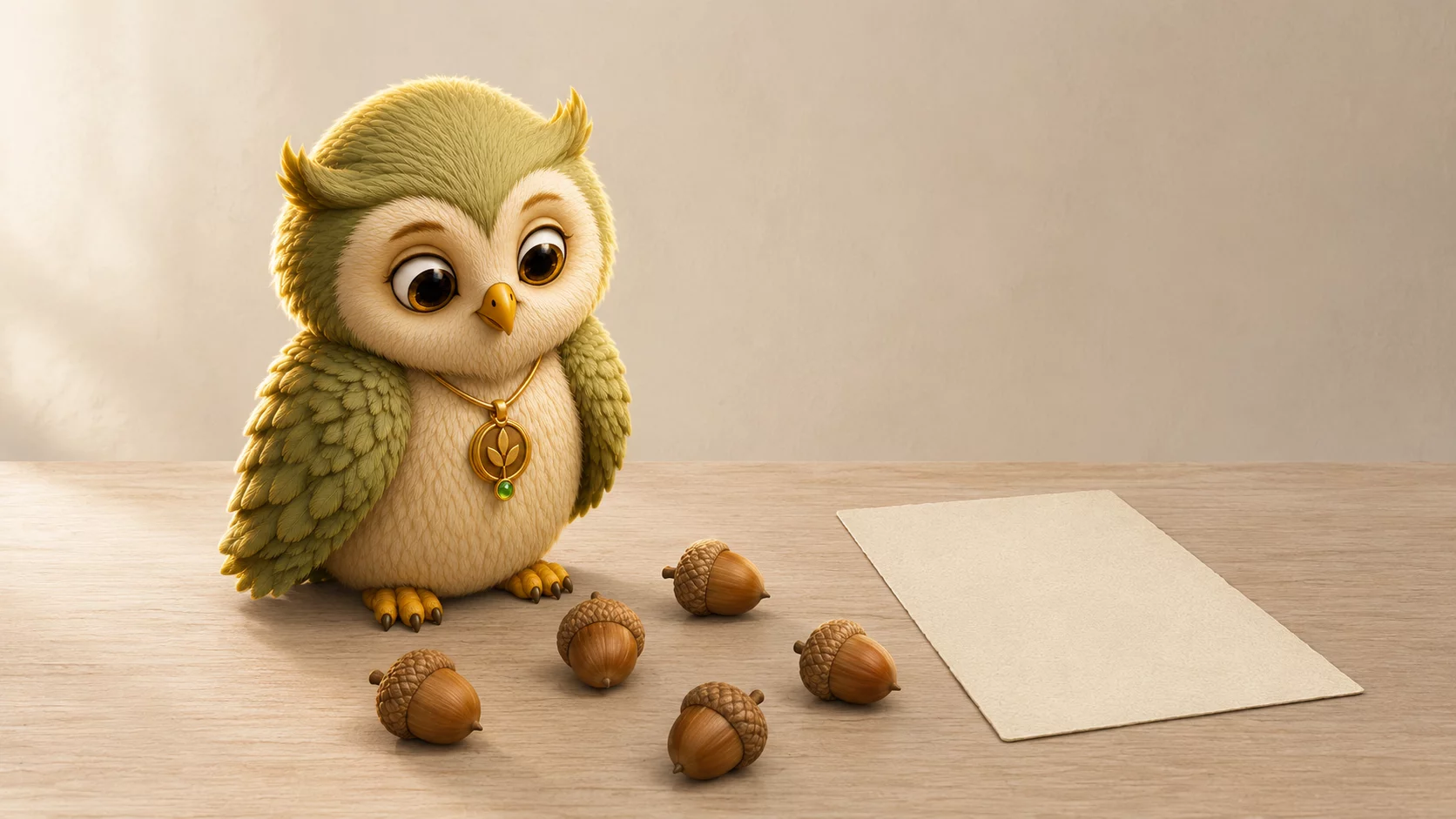 Ori the owl stands on a wooden table looking at five acorns spread out in front of him, with a sheet of paper lying face down beside them.