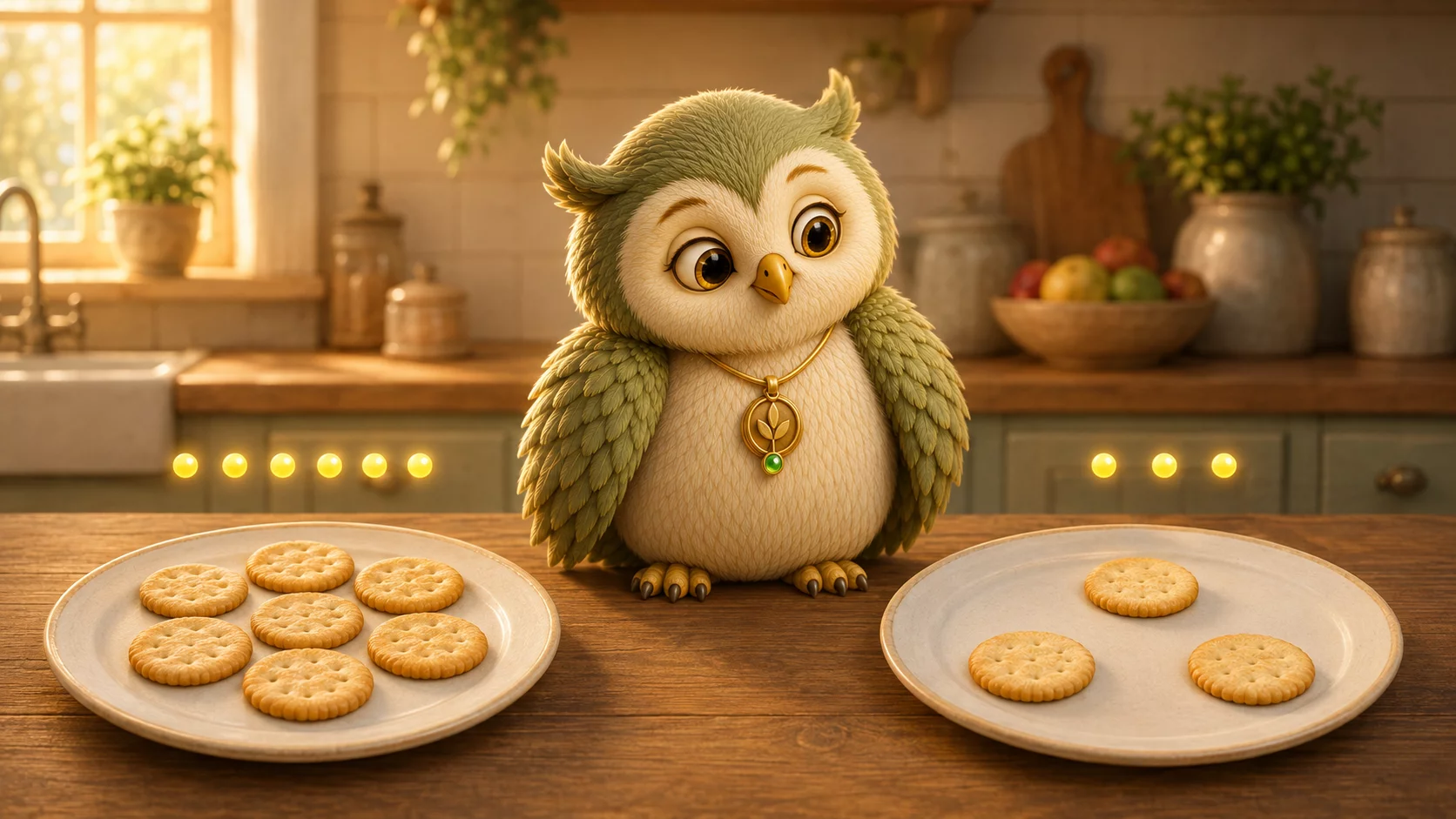 Ori the owl looking at two rows of pebbles, one packed tight and one spread wide, preschool math before counting.