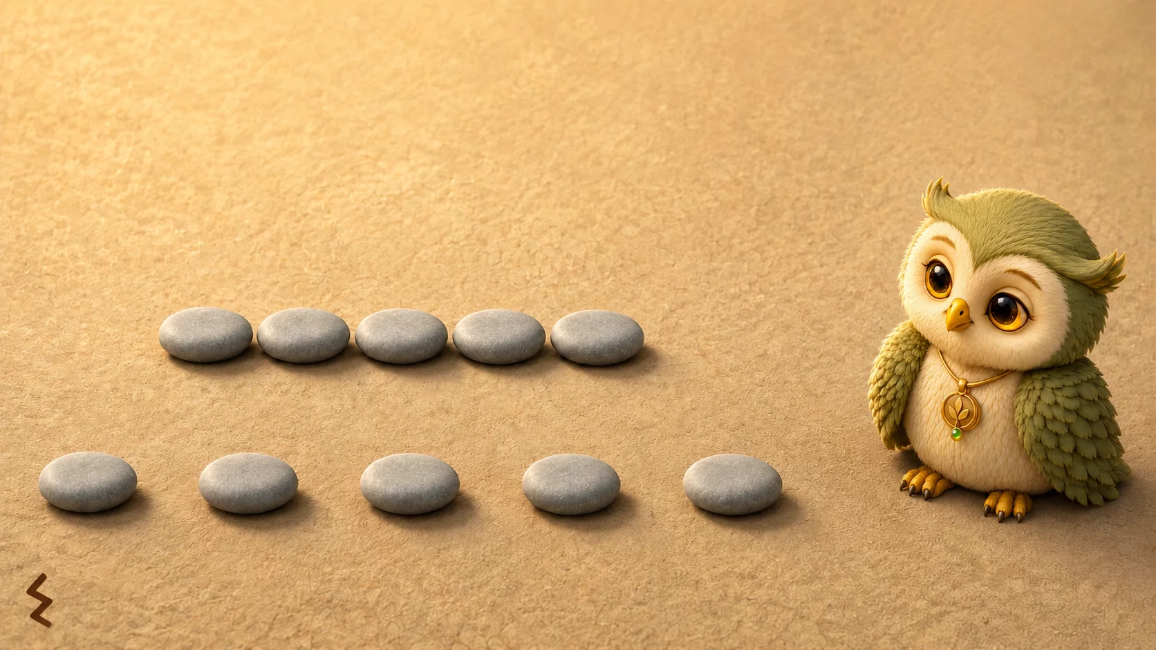 Ori the owl looks at two rows of pebbles: one row packed tightly together, the other holding the same number but spread much wider.