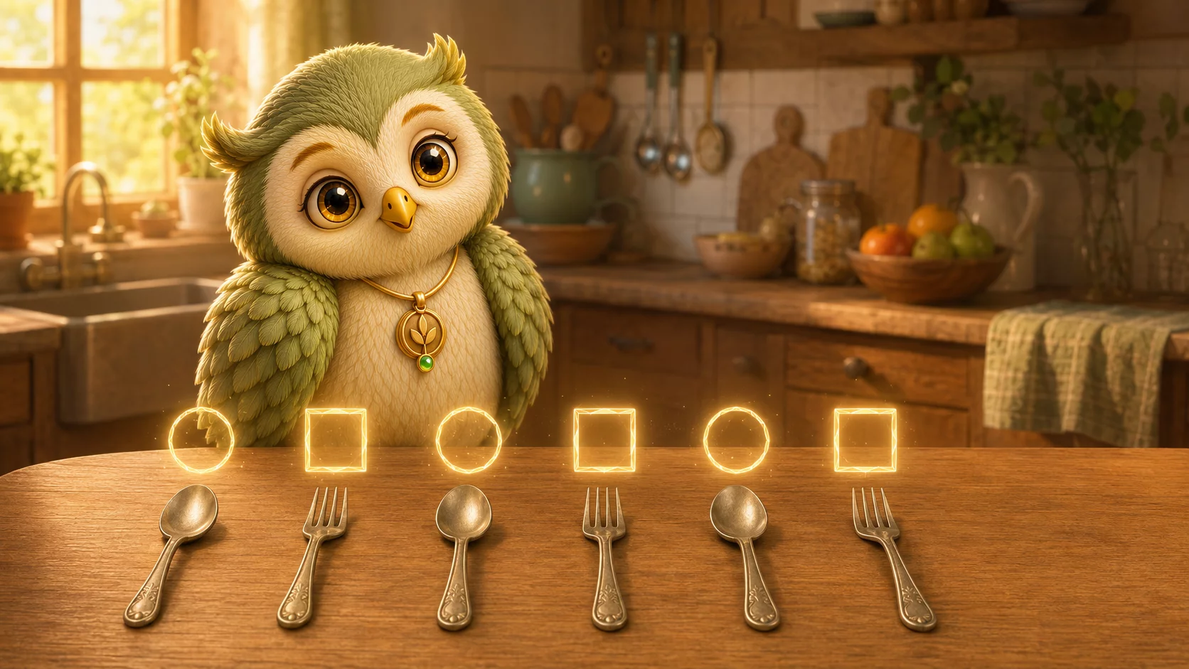 Ori the owl beside a row of alternating oak leaves and pine cones, a preschool math activity for continuing a pattern.