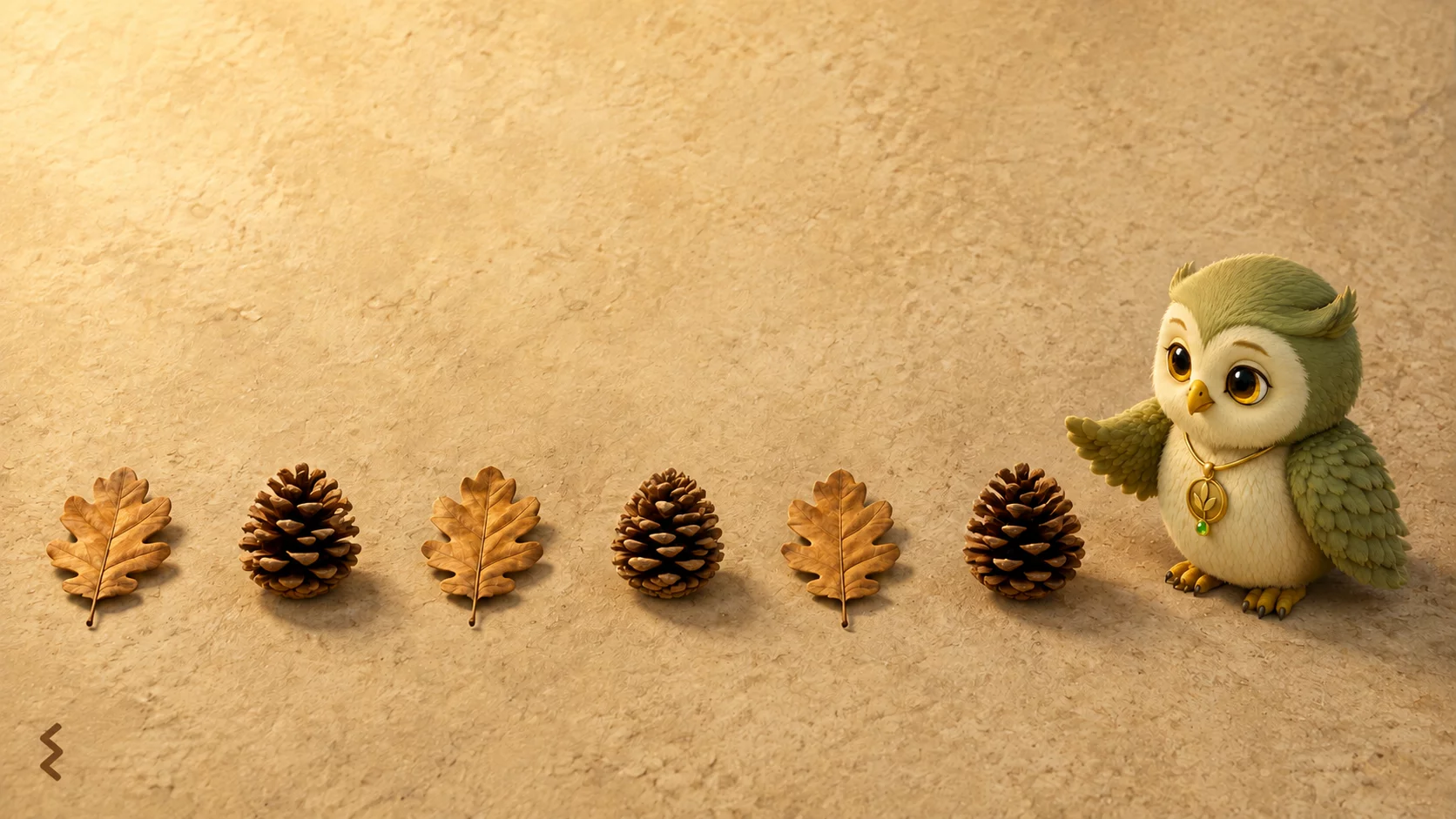 Ori the owl stands at the end of a row of alternating oak leaves and pine cones, one wing raised as if about to add the next one.