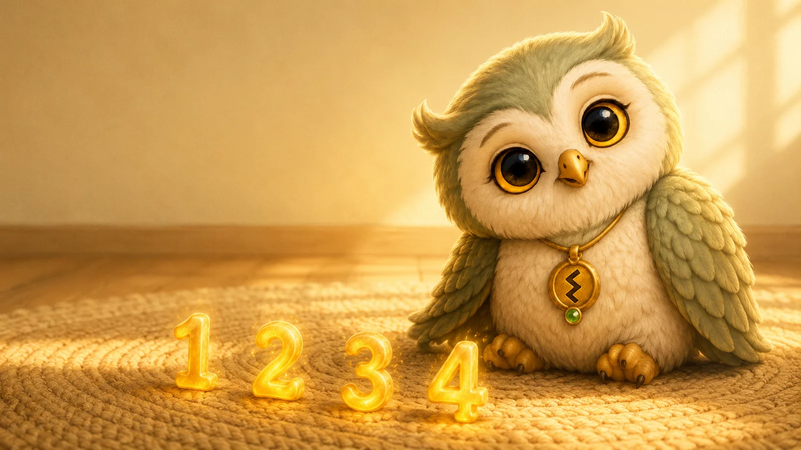 A small owl sits on a rug and listens, with four glowing numerals curving across the floor in front of him.