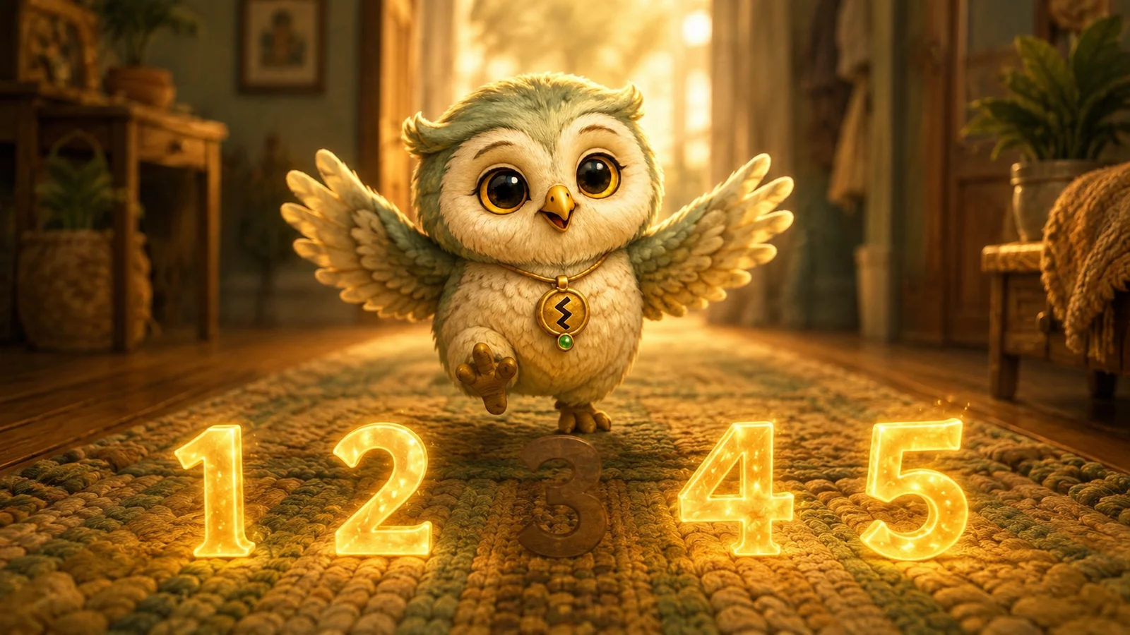 A small owl hops along a hallway runner past five glowing numerals, one of which barely glows at all.