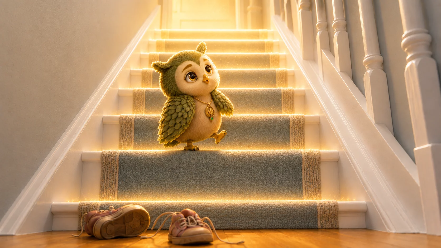 A small owl climbs a staircase whose steps glow softly, with a child's shoes left at the bottom.
