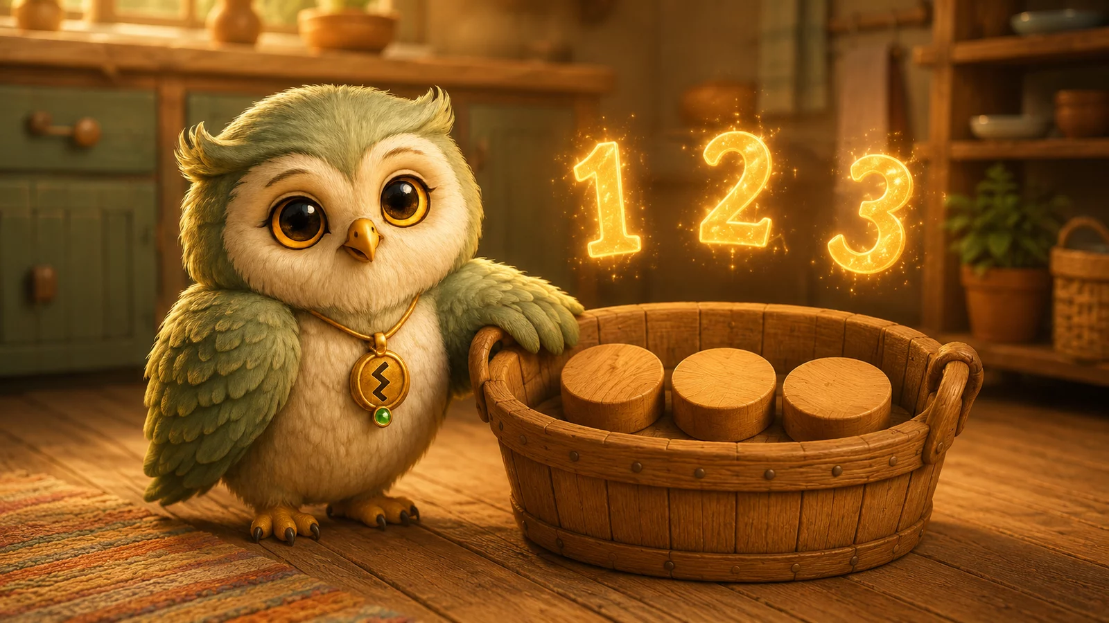 A small owl stands beside a wooden basket holding three blocks, with three glowing numerals floating above it.