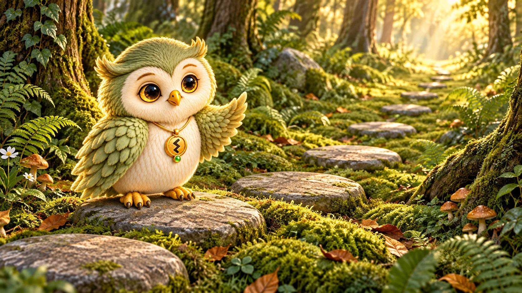 Ori the owl stands at the start of a line of flat stepping stones set into moss, the stones spaced further and further apart as they lead into a sunlit forest.