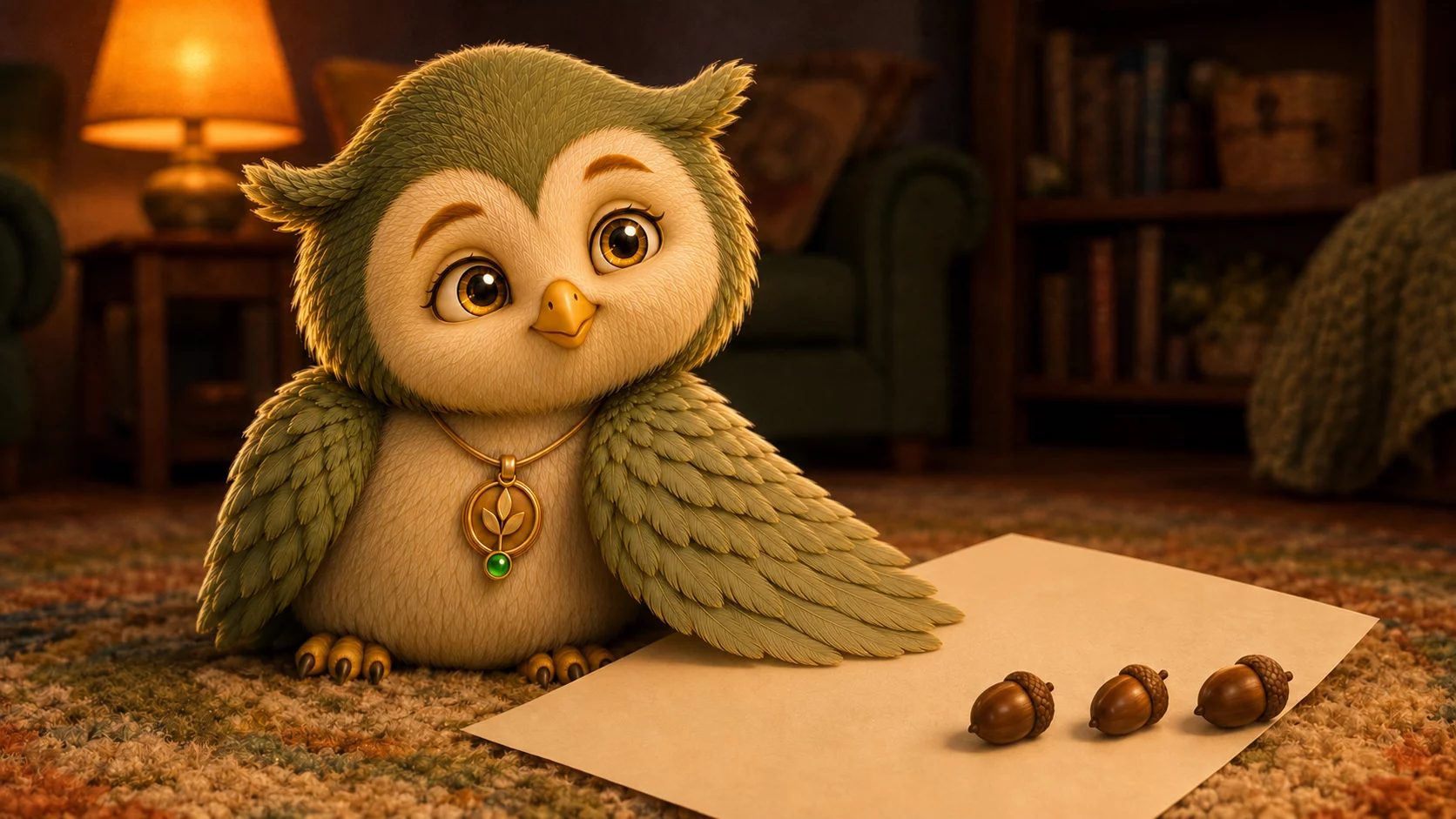 A small round owl with cream and green feathers rests one wing across most of a sheet of paper, leaving three acorns showing on the uncovered strip.