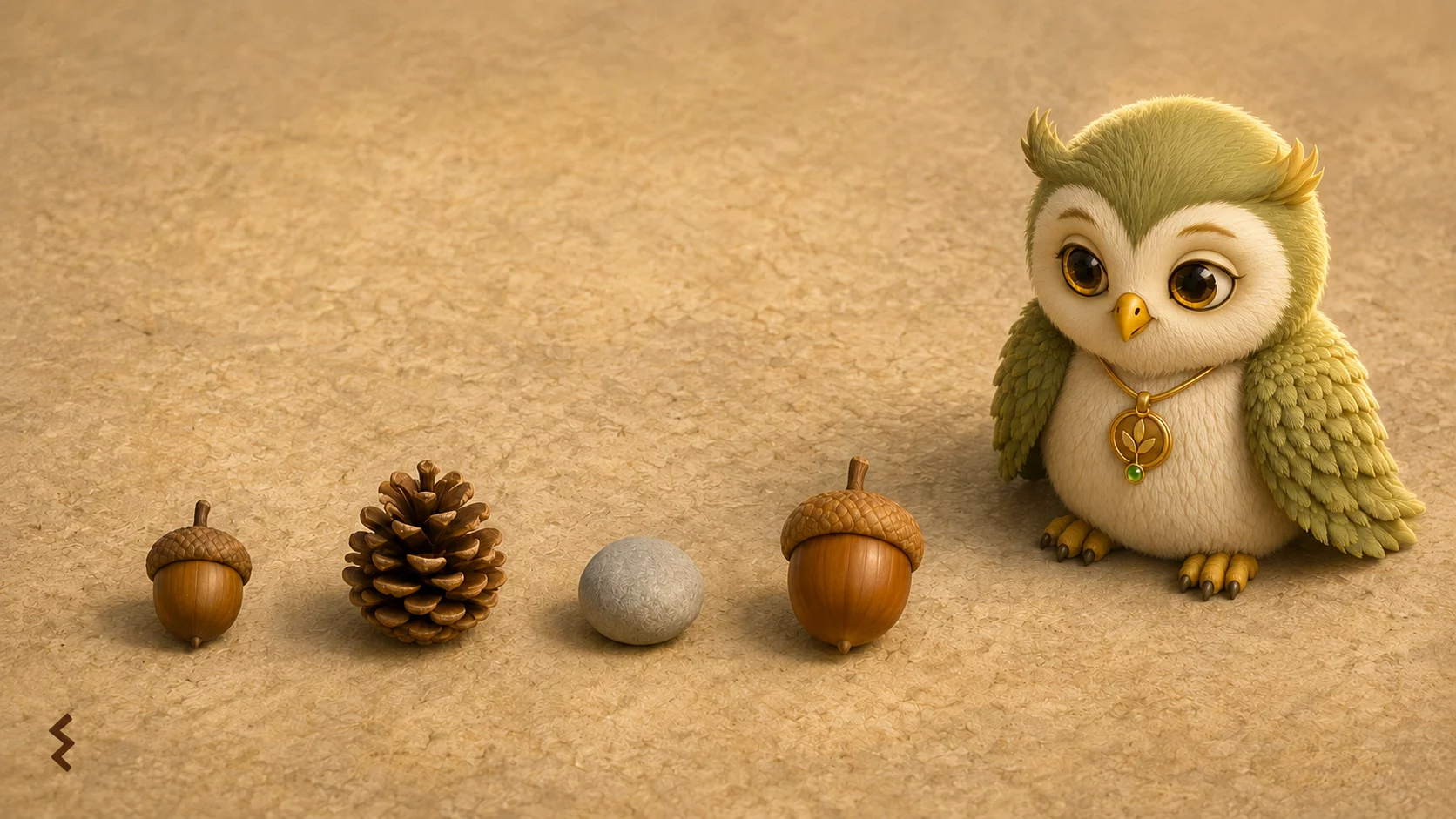 Ori the owl looks at four objects lying in a row: a small acorn, a pine cone, a round gray pebble and a second larger acorn.
