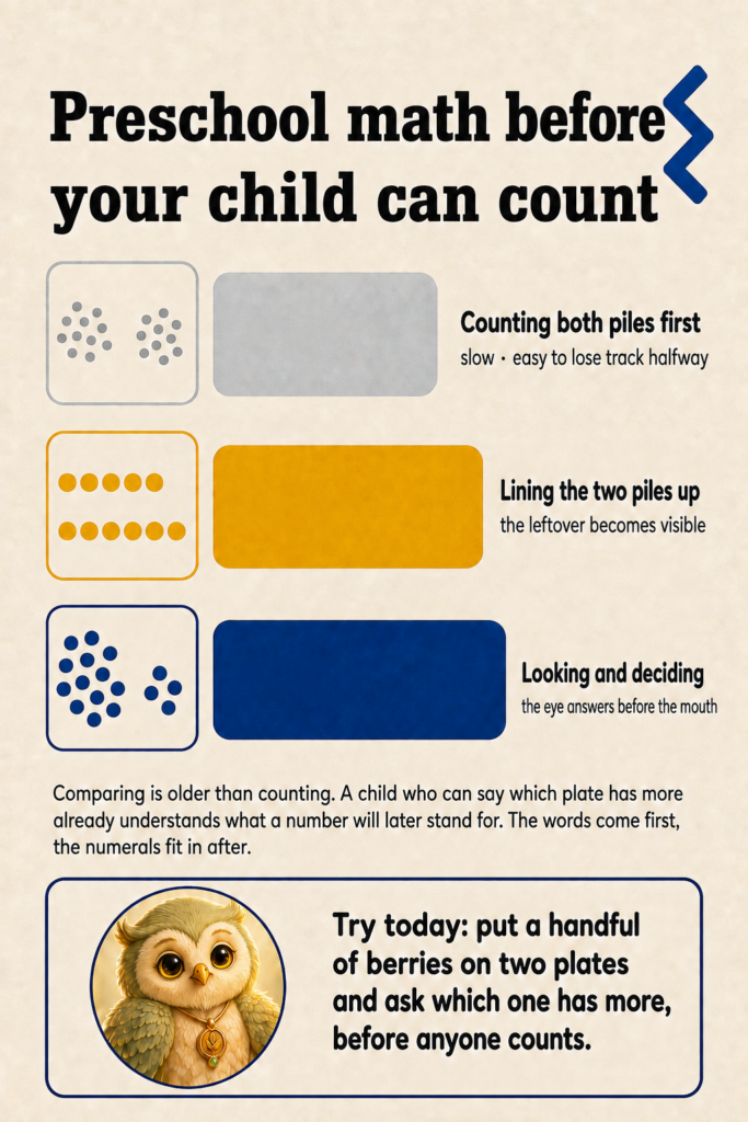 Three ways a child compares two piles, ranked: counting both, lining them up, and simply looking and deciding.