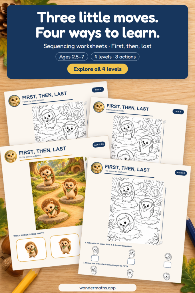 Four printed sequencing worksheets on a wooden table, each with three hedgehogs on stepping stones, from a color page to a numbered page.