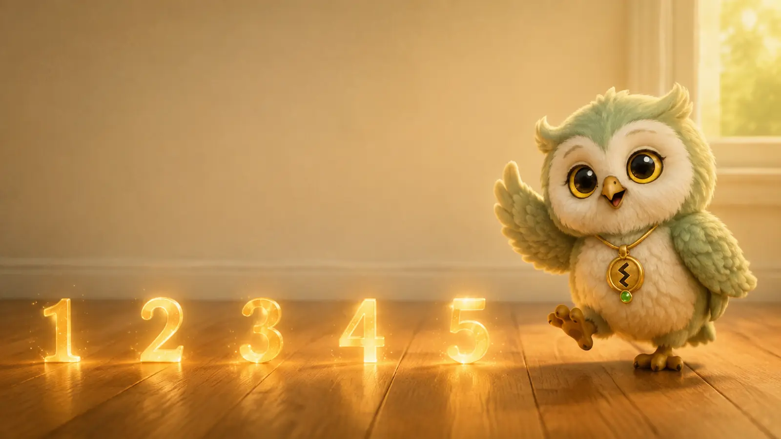 A small owl with green and cream feathers stands on a wooden floor beside five glowing numerals laid out in a row.