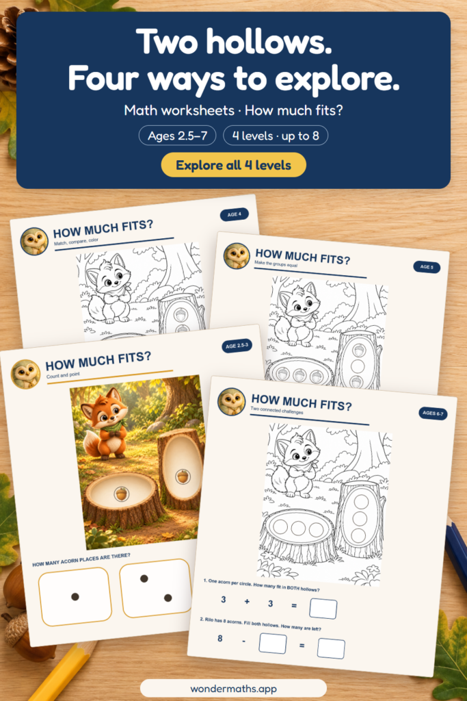 Four printed math worksheets on a wooden table, each with a fox and two tree stumps with acorn holes, from a color page to an equation page.