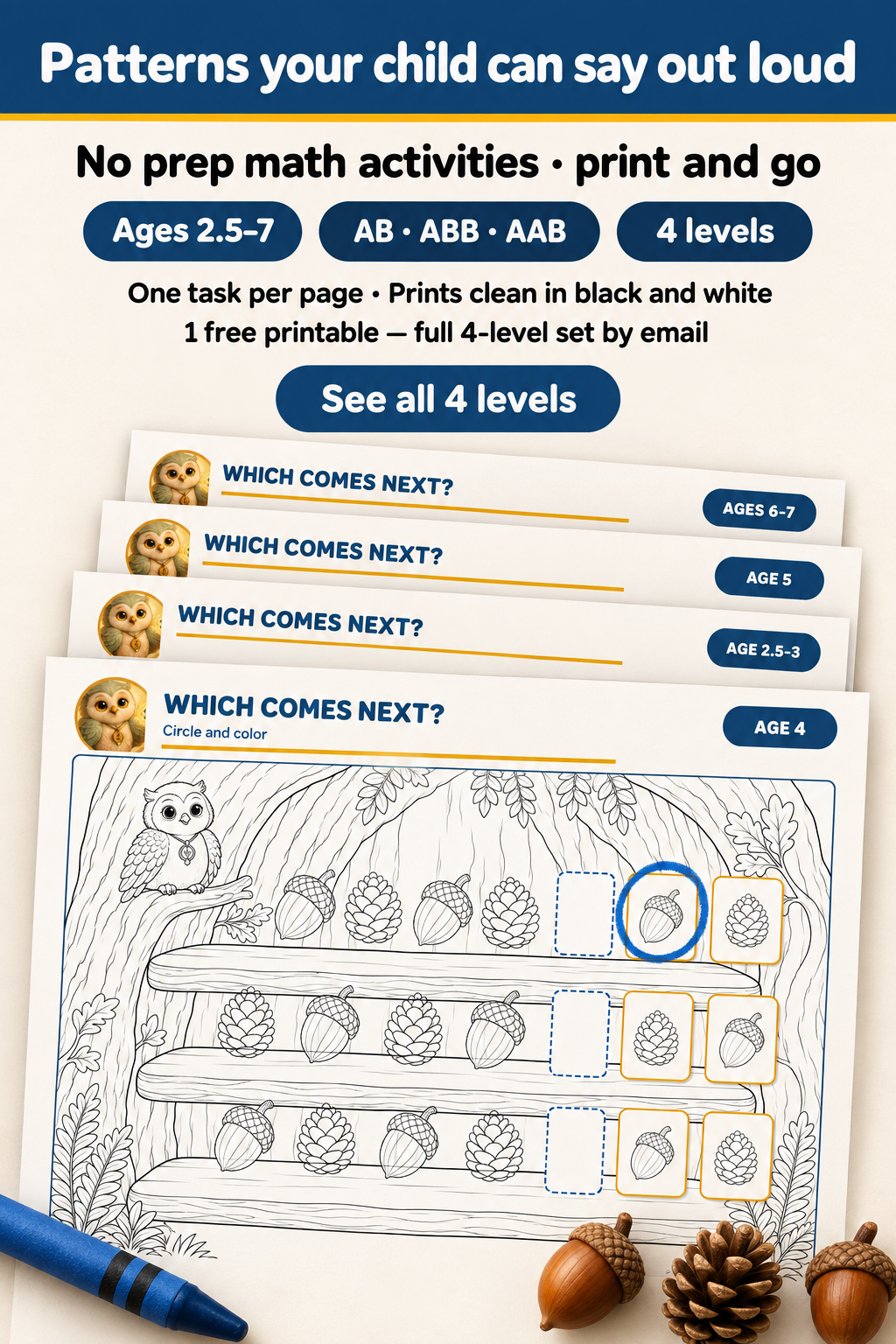 A stack of four Which Comes Next worksheets, the age-4 page on top, showing rows of acorns and pinecones with one answer circled in blue crayon.