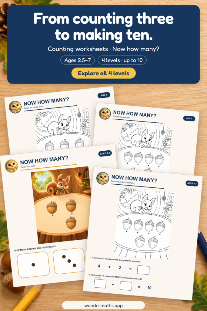 Four printed counting worksheets on a wooden table, each with a squirrel and acorns, from a color toddler page to an equation page.