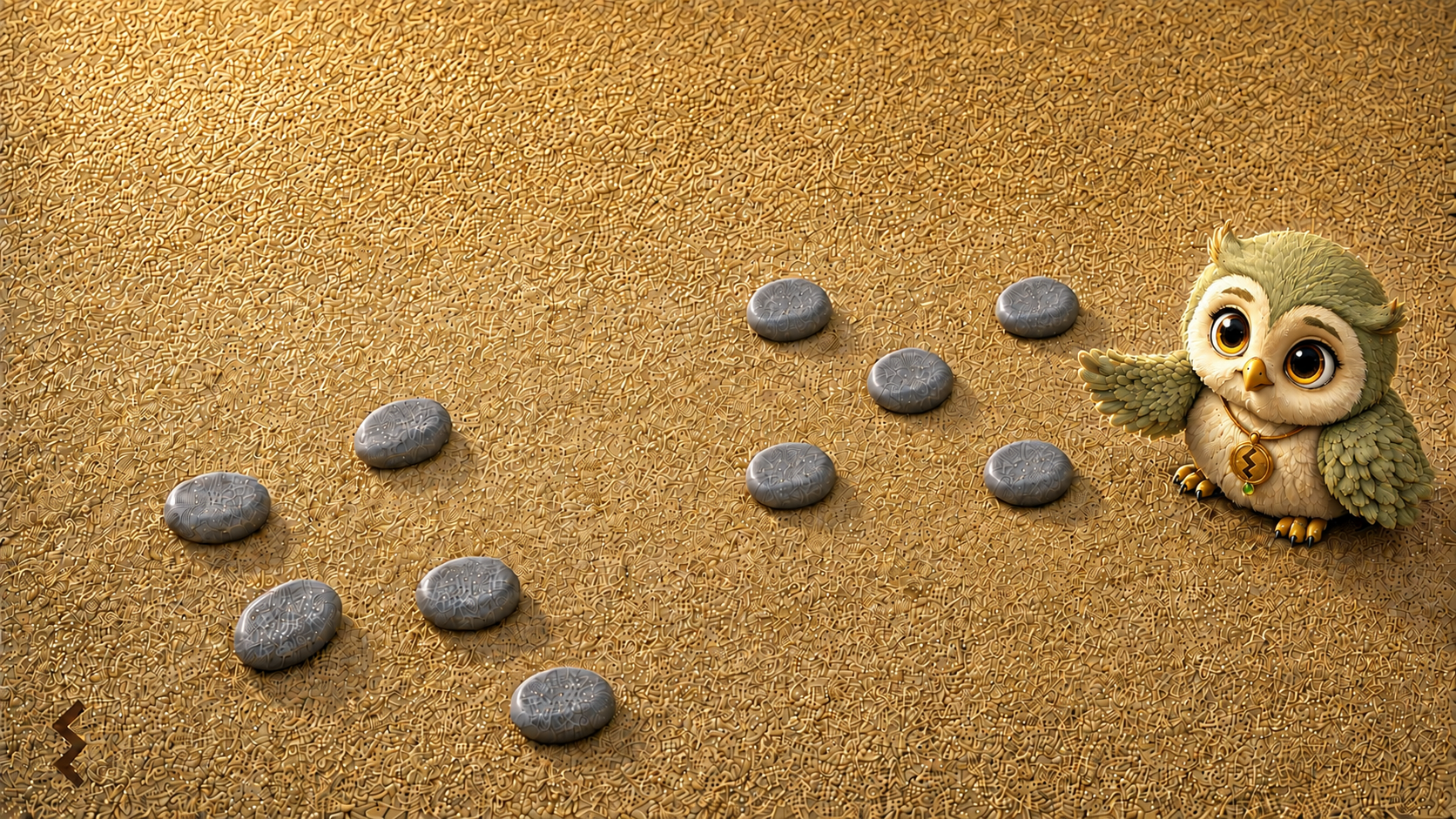 Ori the owl tilts his head at five pebbles arranged like the face of a die, with five more pebbles scattered loosely beside them.