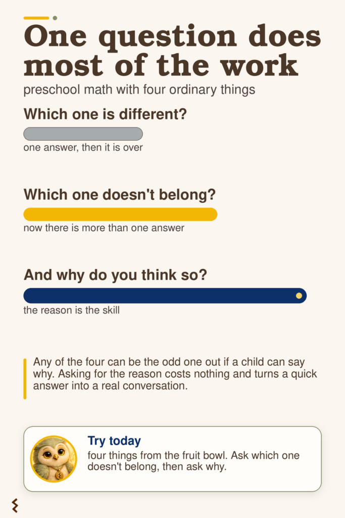 Three bars comparing three questions to ask about four objects, with asking why marked as the strongest of the three.