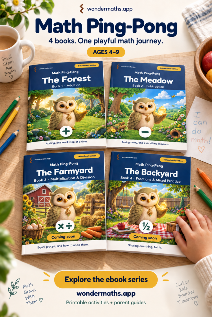 Four printed covers of the Math Ping-Pong series lie on a wooden table, showing the forest, meadow, farmyard and backyard books, with colored pencils and a child's handwritten note beside them.