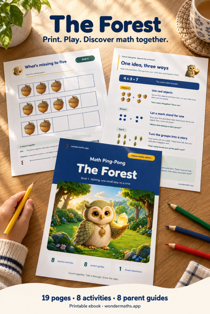 Two printed worksheet pages and the cover of Math Ping-Pong Book 1 lie on a wooden table, with a child's hand holding a yellow pencil and colored pencils beside them.
