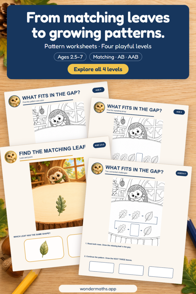 Four printed pattern worksheets on a wooden table, each with a hedgehog and oak leaves, from a color matching page to a fill-the-gap page.