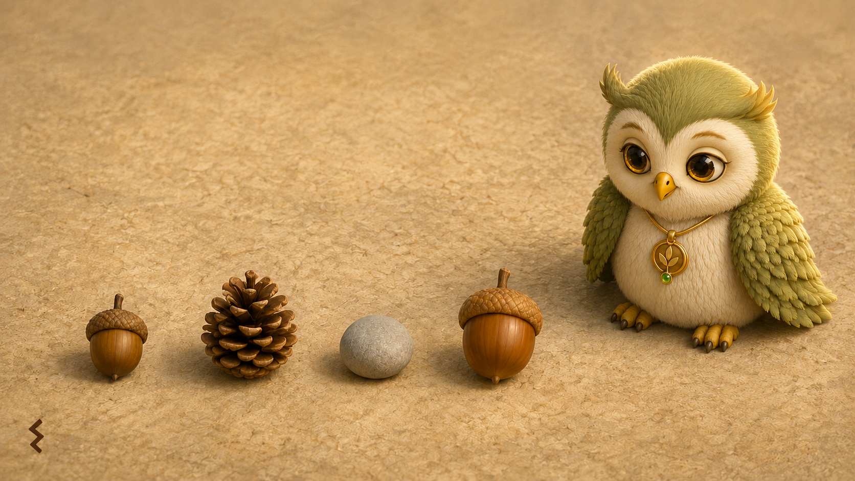 Ori the owl looks at four objects lying in a row: a small acorn, a pine cone, a round pebble and a second larger acorn.