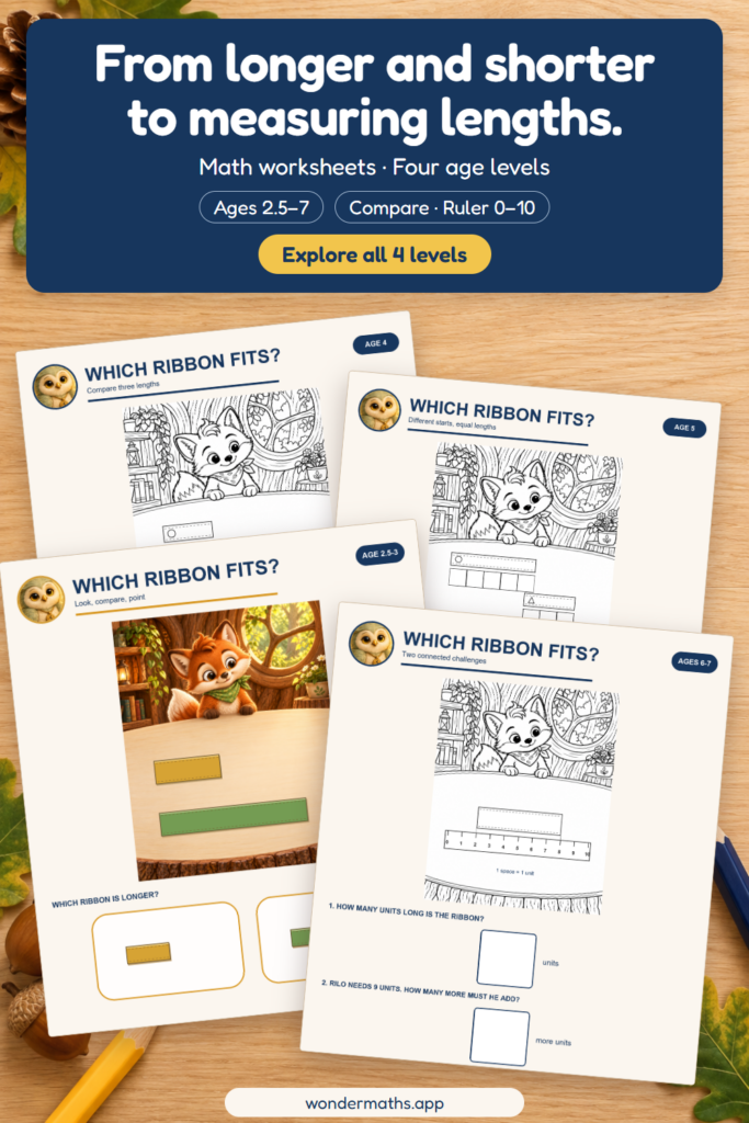 Four printed math worksheets on a wooden table, each with a fox comparing ribbons, from a color toddler page to a ruler page.